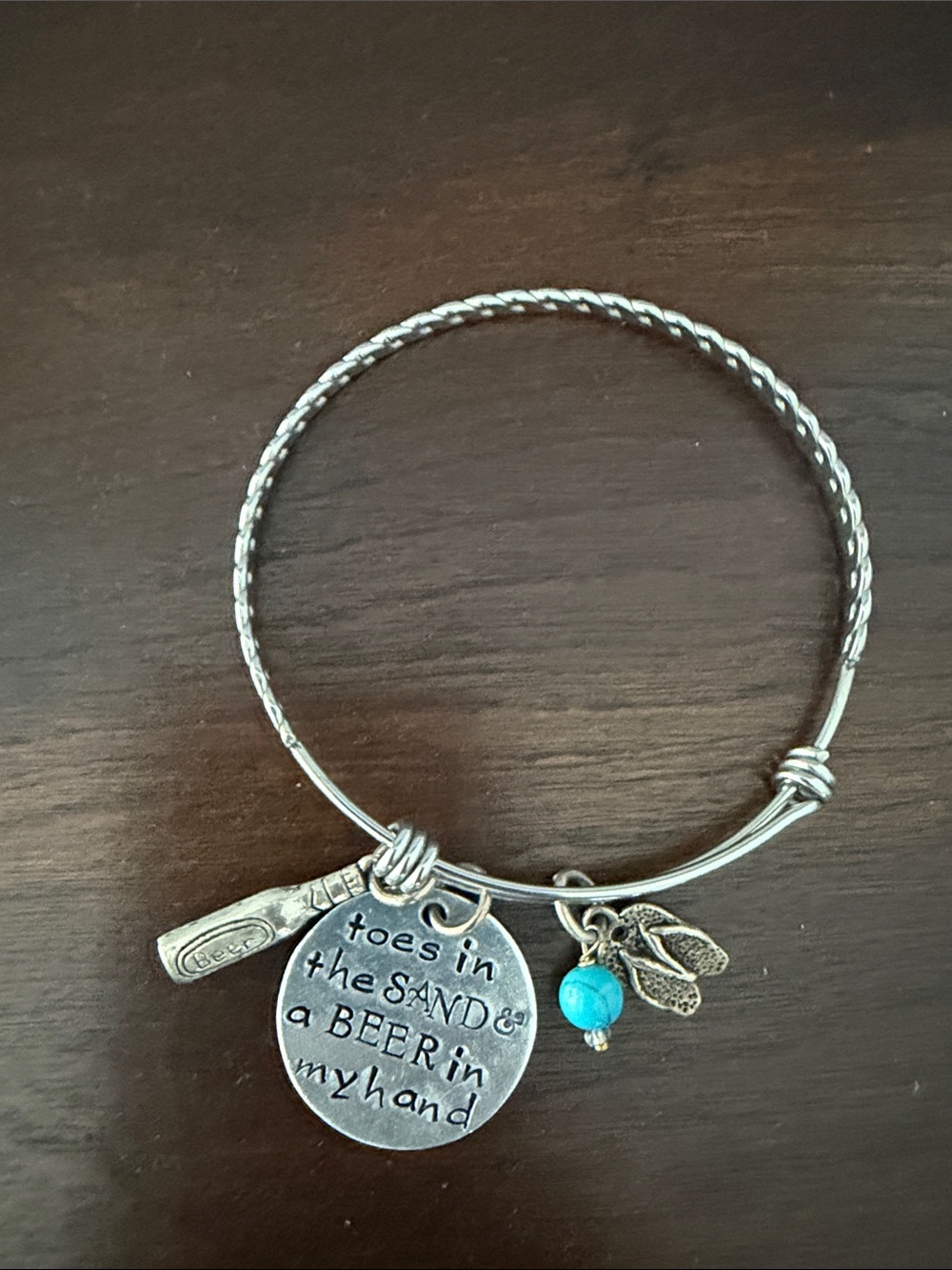 Silver-Tone 'Toes in the Sand' Charm Bangle Bracelet with Blue Bead
